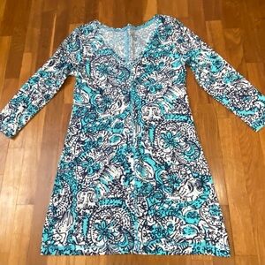 Lilly Pulitzer size medium blue white green V-neck dress cotton